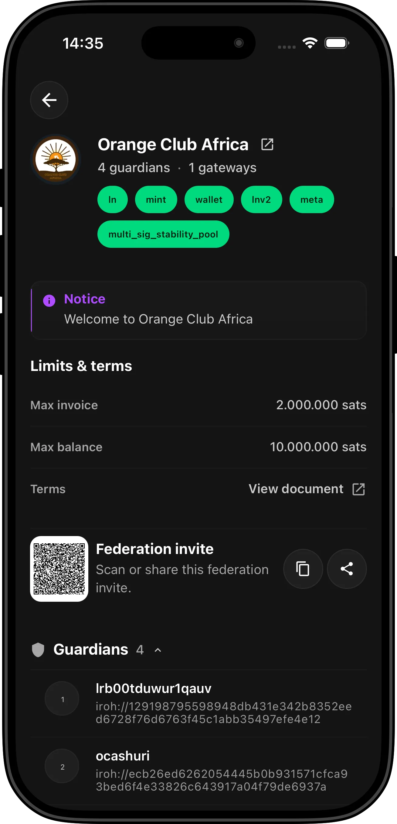 Vipr Wallet federation details screen with limits and federation messages