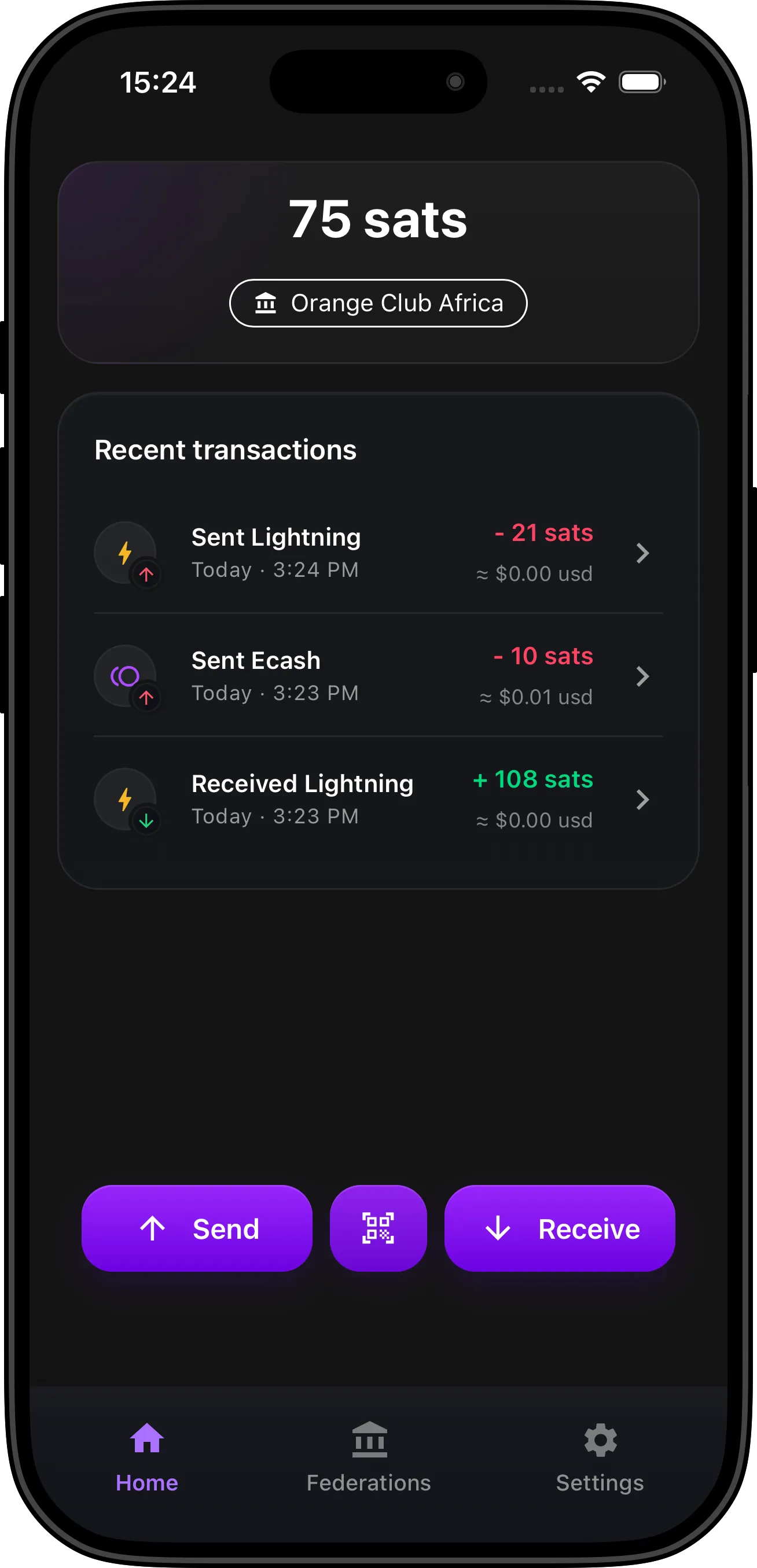 Vipr Wallet home screen showing balance, activity, and send/receive actions