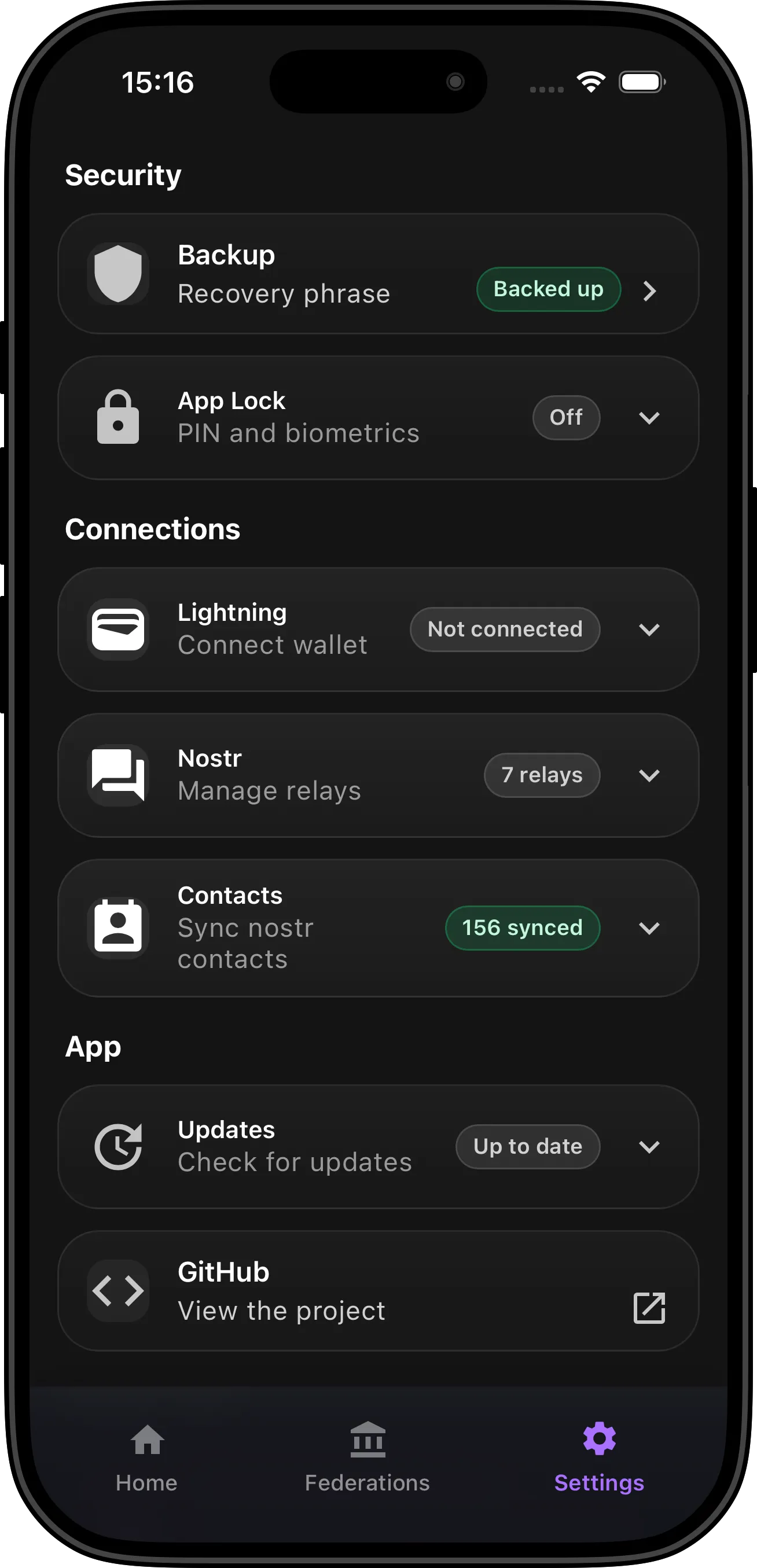 Vipr Wallet settings screen with wallet and federation options